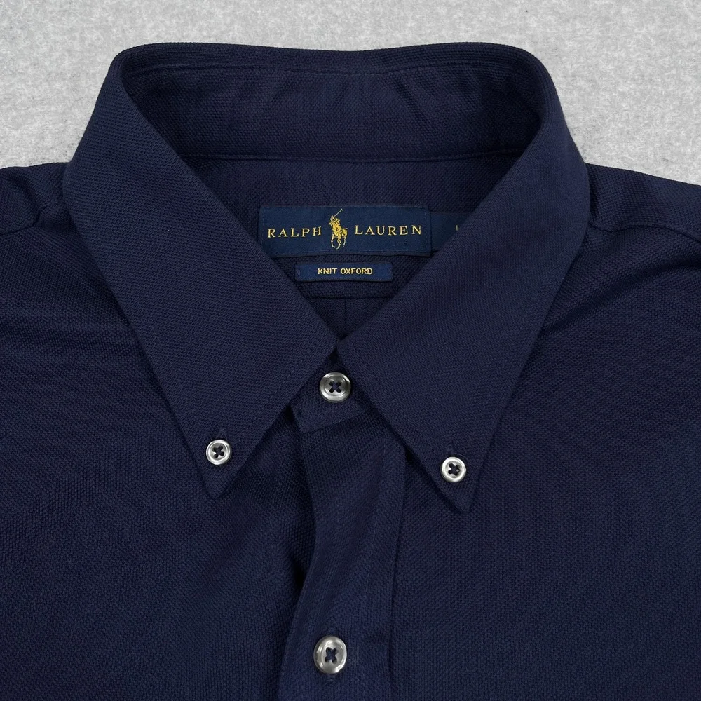 Ralph Lauren Knit Oxford Shirt Mens Large Navy Blue Stretch Flesh Pony Cotton - Picture 8 of 12